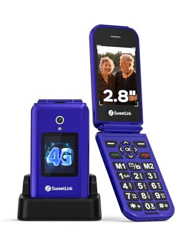 SweetLink 4G senior mobile phone with big buttons, mobile phones for seniors with flip cover, charging base, camera, loud volume, SOS function, 2.8"+1.77" display