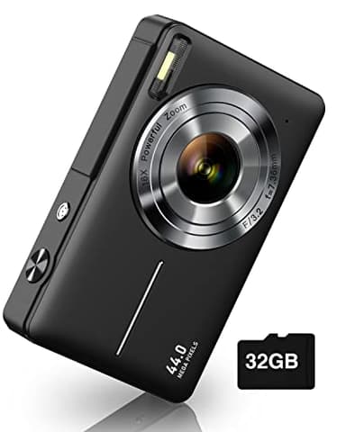 CAMKORY Digital Camera, FHD 1080P Kids Camera 44MP Point and Shoot Digital Cameras with 32GB SD Card, 16X Zoom, Two Batteries, Lanyard, Compact Small Camera for Kids Boys Girls, DC403 BLACK-US