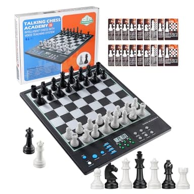 Talking Chess Academy II Electronic Chess Board, Smart Chess Computer with AI Voice Coach Learning for Kids & ELO 2200+ for Improving Players, Optimized Size Magnetic Chess Set for Adults, LCD Display