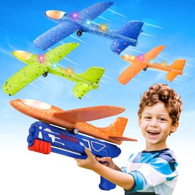 Fuwidvia 3 Pack Airplane Launcher Toys, 2 Flight Modes LED Foam Glider Catapult Plane Toy for Boys, Outdoor Flying Toys Birthday Gifts for Boys Girls 4 5 6 7 8 9 10 11 12 Year Old