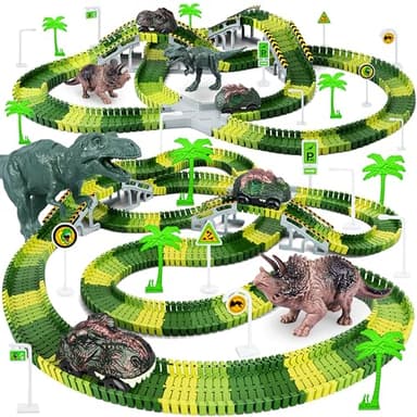 Dinosaur Toys,156pcs Create A Dinosaur World Road Race,Flexible Track Playset and 2 pcs Cool Dinosaur car for 3 4 5 6 Year & Up Old boy Girls Best Gift