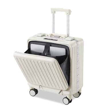 【SG Stock】Cabin Luggage with Front Pocket, 16 Inch Carry on Luggage with Spinner Wheels, Lightweight Hardshell PC Suitcase for Business Trip (White)