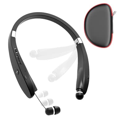 Dpvisn Bluetooth Neckband Headphones, Foldable Wireless Lightweight Neck Headset with Retractable Earbuds, Noise Cancelling Sweatproof Stereo Earphones with Mic & Carrying Case (Black)