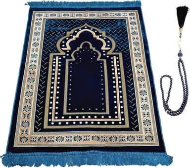 TB Meditation Muslim Prayer Rug Thick, Islamic, Soft Velvet Mat Ramadan Gift, with Bead Unique Decoration Gilded Gold-Like Embroidered for Women Man Kids Turkish African (Blue), 110x70 CM