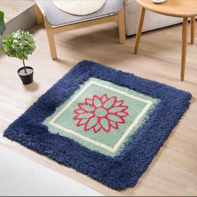 ChezArtemis Luxury Large Meditation Mat & Zabuton 36x36, Thick, Soft, Non-Slip Meditation Rug, Himalayan Colors, Perfect Meditation Cushion for Zen, Yoga and Relaxation(Navy Blue+Green)