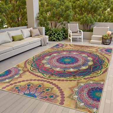 Arenarug Meditation Indoor Outdoor Rug 4x6 ft Mandala Patter Rug Boho Style,Yoga Meditation Mat Picnic Rug for Patio Living Room Porch Garden Deck Backyard Easy to Clean Non Shedding Non-Slip